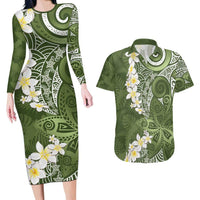 Green Polynesian Tribal Frangipani Tropical Vibe Couples Matching Long Sleeve Bodycon Dress and Hawaiian Shirt