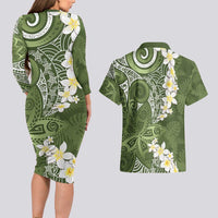 Green Polynesian Tribal Frangipani Tropical Vibe Couples Matching Long Sleeve Bodycon Dress and Hawaiian Shirt