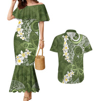 Green Polynesian Tribal Frangipani Tropical Vibe Couples Matching Mermaid Dress and Hawaiian Shirt