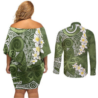 Green Polynesian Tribal Frangipani Tropical Vibe Couples Matching Off Shoulder Short Dress and Long Sleeve Button Shirt