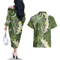 Green Polynesian Tribal Frangipani Tropical Vibe Couples Matching Off The Shoulder Long Sleeve Dress and Hawaiian Shirt