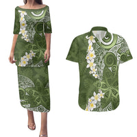 Green Polynesian Tribal Frangipani Tropical Vibe Couples Matching Puletasi and Hawaiian Shirt