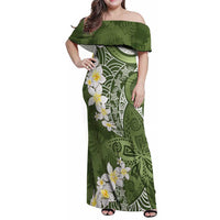 Green Polynesian Tribal Frangipani Tropical Vibe Family Matching Off Shoulder Maxi Dress and Hawaiian Shirt