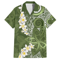 Green Polynesian Tribal Frangipani Tropical Vibe Family Matching Puletasi and Hawaiian Shirt