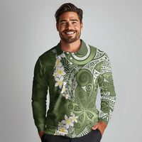 Green Polynesian Tribal Frangipani Tropical Vibe Long Sleeve Polo Shirt