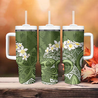 Green Polynesian Tribal Frangipani Tropical Vibe Tumbler With Handle