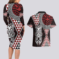 Red Aotearoa Niho Taniwha Couples Matching Long Sleeve Bodycon Dress and Hawaiian Shirt Maori Mythology Tooth - Taniko Motifs