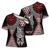 Red Aotearoa Niho Taniwha Cross Shoulder Shirt Maori Mythology Tooth - Taniko Motifs LT14 - Polynesian Pride