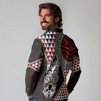 Red Aotearoa Niho Taniwha Long Sleeve Polo Shirt Maori Mythology Tooth - Taniko Motifs