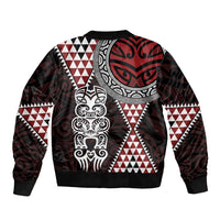 Red Aotearoa Niho Taniwha Sleeve Zip Bomber Jacket Maori Mythology Tooth - Taniko Motifs