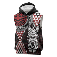 Red Aotearoa Niho Taniwha Sleeveless Hoodie Maori Mythology Tooth - Taniko Motifs LT14 Red - Polynesian Pride