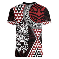Red Aotearoa Niho Taniwha Women V-Neck T-Shirt Maori Mythology Tooth - Taniko Motifs