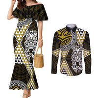 Yellow Aotearoa Niho Taniwha Couples Matching Mermaid Dress and Long Sleeve Button Shirt Maori Mythology Tooth - Taniko Motifs