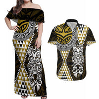 Yellow Aotearoa Niho Taniwha Couples Matching Off Shoulder Maxi Dress and Hawaiian Shirt Maori Mythology Tooth - Taniko Motifs
