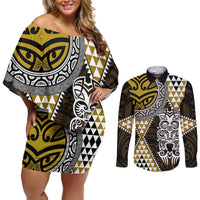Yellow Aotearoa Niho Taniwha Couples Matching Off Shoulder Short Dress and Long Sleeve Button Shirt Maori Mythology Tooth - Taniko Motifs