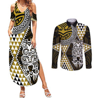 Yellow Aotearoa Niho Taniwha Couples Matching Summer Maxi Dress and Long Sleeve Button Shirt Maori Mythology Tooth - Taniko Motifs
