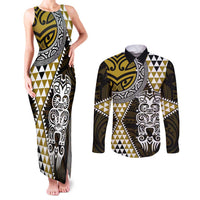 Yellow Aotearoa Niho Taniwha Couples Matching Tank Maxi Dress and Long Sleeve Button Shirt Maori Mythology Tooth - Taniko Motifs