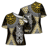Yellow Aotearoa Niho Taniwha Cross Shoulder Shirt Maori Mythology Tooth - Taniko Motifs LT14 - Polynesian Pride