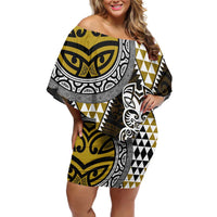 Yellow Aotearoa Niho Taniwha Off Shoulder Short Dress Maori Mythology Tooth - Taniko Motifs