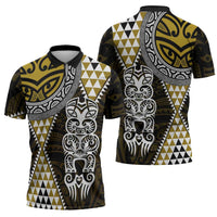 Yellow Aotearoa Niho Taniwha Zipper Polo Shirt Maori Mythology Tooth - Taniko Motifs - Polynesian Pride
