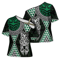 Green Aotearoa Niho Taniwha Cross Shoulder Shirt Maori Mythology Tooth - Taniko Motifs LT14 - Polynesian Pride