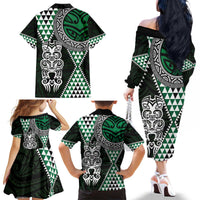 Green Aotearoa Niho Taniwha Family Matching Off The Shoulder Long Sleeve Dress and Hawaiian Shirt Maori Mythology Tooth - Taniko Motifs