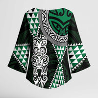 Green Aotearoa Niho Taniwha Kimono Sleeve Blouse Maori Mythology Tooth - Taniko Motifs - Polynesian Pride