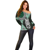 Green Aotearoa Niho Taniwha Off Shoulder Sweater Maori Mythology Tooth - Taniko Motifs