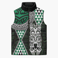 Green Aotearoa Niho Taniwha Sleeveless Puffer Jacket Maori Mythology Tooth - Taniko Motifs LT14 Unisex Green - Polynesian Pride