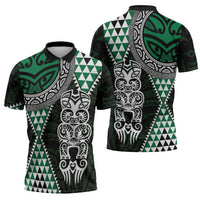 Green Aotearoa Niho Taniwha Zipper Polo Shirt Maori Mythology Tooth - Taniko Motifs - Polynesian Pride