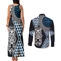 Blue Aotearoa Niho Taniwha Couples Matching Tank Maxi Dress and Long Sleeve Button Shirt Maori Mythology Tooth - Taniko Motifs