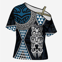 Blue Aotearoa Niho Taniwha Cross Shoulder Shirt Maori Mythology Tooth - Taniko Motifs LT14 Female Blue - Polynesian Pride