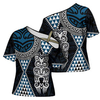 Blue Aotearoa Niho Taniwha Cross Shoulder Shirt Maori Mythology Tooth - Taniko Motifs LT14 - Polynesian Pride