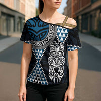 Blue Aotearoa Niho Taniwha Cross Shoulder Shirt Maori Mythology Tooth - Taniko Motifs LT14 - Polynesian Pride