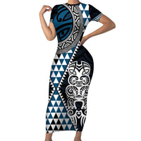 Blue Aotearoa Niho Taniwha Family Matching Short Sleeve Bodycon Dress and Hawaiian Shirt Maori Mythology Tooth - Taniko Motifs