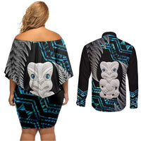 Aotearoa Taniko Paua Shell With Hei Tiki Couples Matching Off Shoulder Short Dress and Long Sleeve Button Shirt LT14 - Polynesian Pride