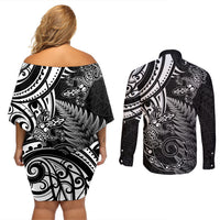 New Zealand Lizard Couples Matching Off Shoulder Short Dress and Long Sleeve Button Shirt Silver Fern Aotearoa Maori LT14 - Polynesian Pride