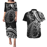 New Zealand Lizard Couples Matching Puletasi and Hawaiian Shirt Silver Fern Aotearoa Maori LT14 Black - Polynesian Pride