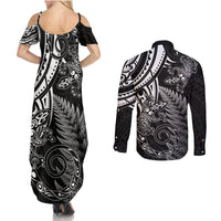 New Zealand Lizard Couples Matching Summer Maxi Dress and Long Sleeve Button Shirt Silver Fern Aotearoa Maori LT14 - Polynesian Pride
