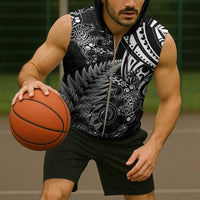 New Zealand Lizard Sleeveless Zip Hoodie Silver Fern Aotearoa Maori LT14 - Polynesian Pride