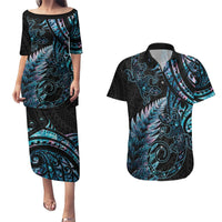 New Zealand Lizard Couples Matching Puletasi and Hawaiian Shirt Silver Fern Aotearoa Maori With Paua Shell LT14 Turquoise - Polynesian Pride