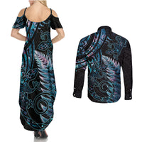 New Zealand Lizard Couples Matching Summer Maxi Dress and Long Sleeve Button Shirt Silver Fern Aotearoa Maori With Paua Shell LT14 - Polynesian Pride