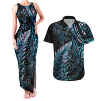 New Zealand Lizard Couples Matching Tank Maxi Dress and Hawaiian Shirt Silver Fern Aotearoa Maori With Paua Shell LT14 Turquoise - Polynesian Pride
