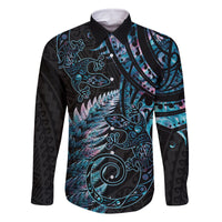 New Zealand Lizard Family Matching Off Shoulder Short Dress and Hawaiian Shirt Silver Fern Aotearoa Maori With Paua Shell LT14 Dad's Shirt - Long Sleeve Turquoise - Polynesian Pride