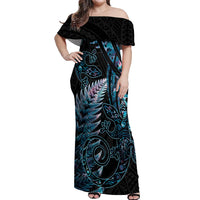 New Zealand Lizard Off Shoulder Maxi Dress Silver Fern Aotearoa Maori With Paua Shell LT14 Women Turquoise - Polynesian Pride