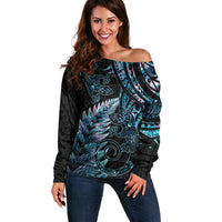 New Zealand Lizard Off Shoulder Sweater Silver Fern Aotearoa Maori With Paua Shell LT14 Women Turquoise - Polynesian Pride