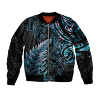New Zealand Lizard Sleeve Zip Bomber Jacket Silver Fern Aotearoa Maori With Paua Shell LT14 Unisex Turquoise - Polynesian Pride
