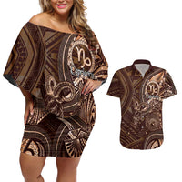 Personalised Polynesia Zodiac Capricorn Couples Matching Off Shoulder Short Dress and Hawaiian Shirt Galaxy Polynesian Pattern Chest Tattoo Style LT14 Brown - Polynesian Pride