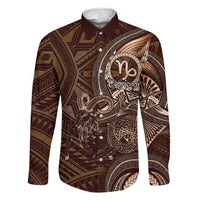 Personalised Polynesia Zodiac Capricorn Family Matching Long Sleeve Bodycon Dress and Hawaiian Shirt Galaxy Polynesian Pattern Chest Tattoo Style LT14 Dad's Shirt - Long Sleeve Brown - Polynesian Pride