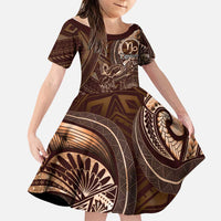 Personalised Polynesia Zodiac Capricorn Family Matching Off Shoulder Short Dress and Hawaiian Shirt Galaxy Polynesian Pattern Chest Tattoo Style LT14 Daughter's Dress Brown - Polynesian Pride